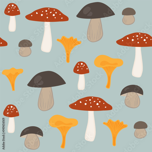 Mushrooms seamless pattern, autumn themed background.