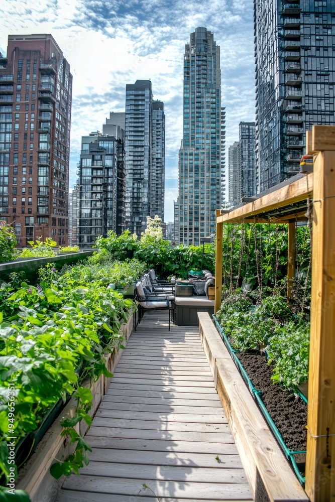 Fototapeta premium Rooftop farm with a small outdoor seating area and lush greenery. High-rise buildings in the background, Generative AI