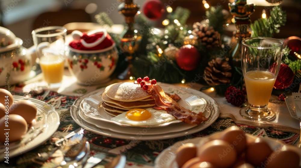 Christmas Breakfast Table with Pancakes, Bacon, Eggs, and Holiday Decorations for Festive Celebrations Christmas Breakfast Table with Pancakes, Bacon, Eggs, and Holiday Decorations for Festive Celebrations