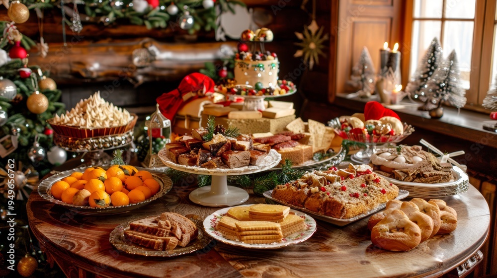Fototapeta premium Traditional Russian Christmas Feast with Festive Decorations and Holiday Foods