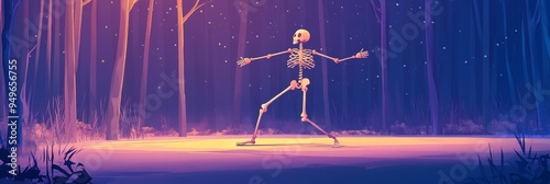 A minimalist Halloween illustration featuring a dancing skeleton in a mysterious forest setting. The skeleton,  in a vibrant white, contrasts against the dark blue and purple hues of the trees, creati photo