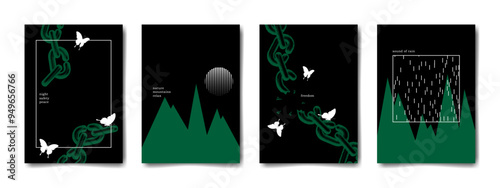 Set of vector nature posters. Camping, reserve, outdoor recreation. Mountains and moon, abstract rain. Broken chain and butterflies.