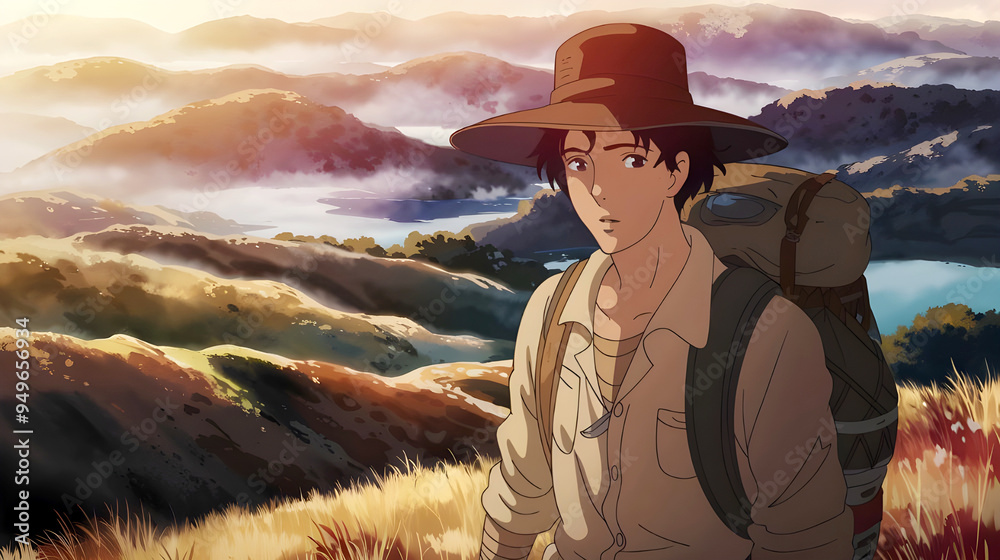 Naklejka premium a man stands in a field with mountains in the background, ai generated