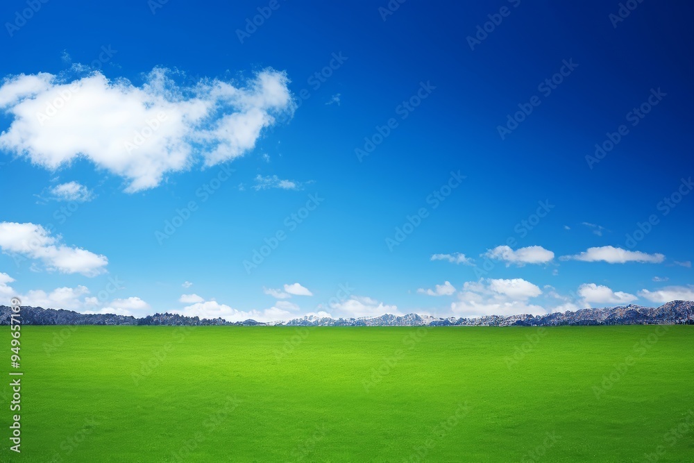 Serene Green Field with Blue Sky and Mountains Serene Green Field with Blue Sky and Mountains