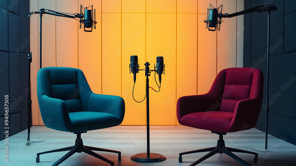 Podcast or interview setup two chairs and microphones in a podcast or interview room. Podcast or interview setup two chairs and microphones in a podcast or interview room.