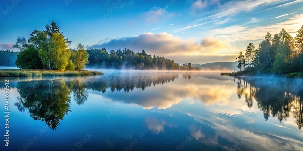 1. Morning mist settles over a tranquil lake, with subtle blue-gray hues reflected in the calm water, a realistic photo image. 1. Morning mist settles over a tranquil lake, with subtle blue-gray hues reflected in the calm water, a realistic photo image.