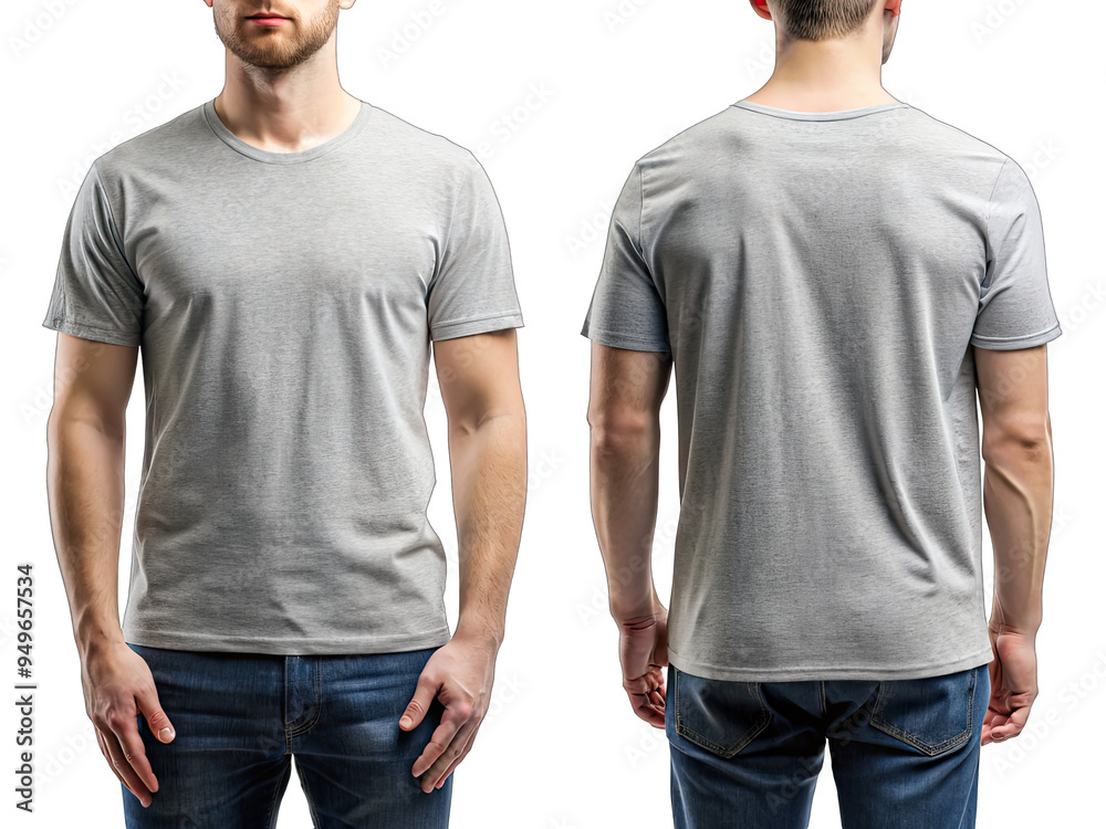 A man in a grey loose t-shirt with short sleeves, hands in pockets, poses against a white background. Shirt is blank, visible from all angles A man in a grey loose t-shirt with short sleeves, hands in pockets, poses against a white background. Shirt is blank, visible from all angles