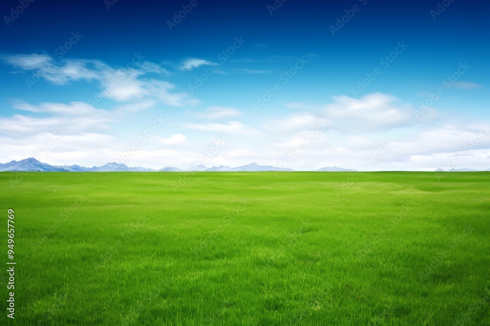 Serene Green Field with Mountain Range and Blue Sky Serene Green Field with Mountain Range and Blue Sky