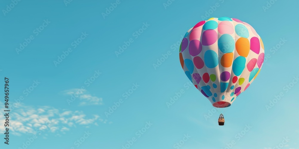 Obraz premium Colorful Polka Dot Hot Air Balloon Soaring in Blue Sky