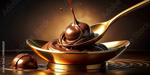 7. Mouthwatering, molten chocolate pouring from a golden ladle, a realistic photo image. photo