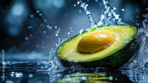 A perfectly ripe avocado is sliced in half and dropped into a pool of water, creating a dramatic splash. The green avocado contrasts with the clear water and the dark background, making it a visually  photo