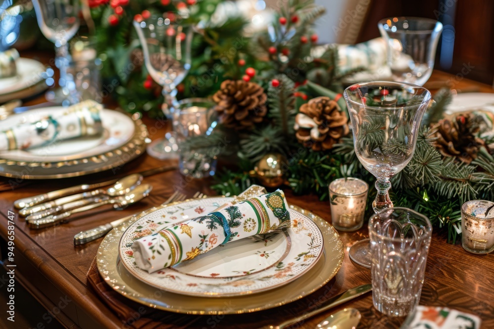 Elegant Holiday Table Setting with Christmas Crackers and Festive Centerpiece for Seasonal Celebrations Elegant Holiday Table Setting with Christmas Crackers and Festive Centerpiece for Seasonal Celebrations
