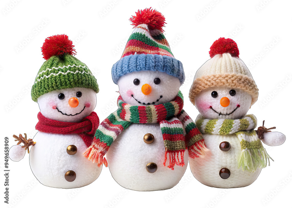 Three snowmen stand side by side, each wearing a colorful knitted hat and scarf Three snowmen stand side by side, each wearing a colorful knitted hat and scarf