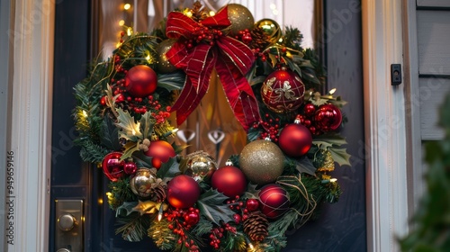 Beautiful Christmas Wreath with Festive Ornaments, Ribbons, and Lights on Front Door