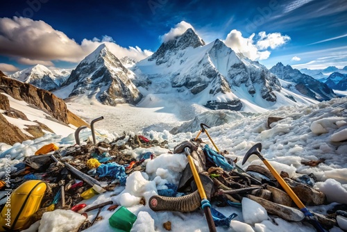 Ice axes and crampons strewn amidst snow-capped Everest peaks discarded trash and human waste consequences of human ambition harsh morning light fading hope photo