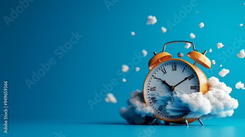 An artistic depiction of a clock surrounded by playful clouds, symbolizing the passage of time and creativity on a blue background. photo