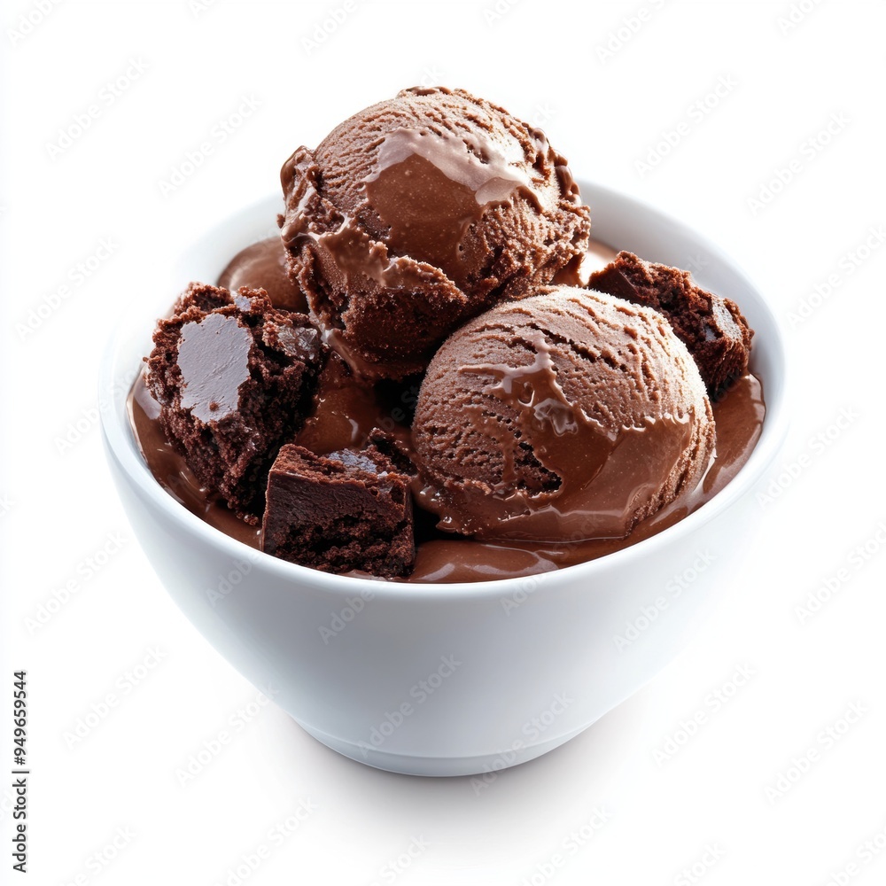 rich chocolate ice cream with brownie pieces, served in a white bowl. rich chocolate ice cream with brownie pieces, served in a white bowl.