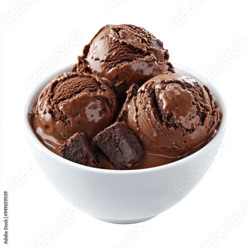 rich chocolate ice cream with brownie pieces, served in a white bowl.