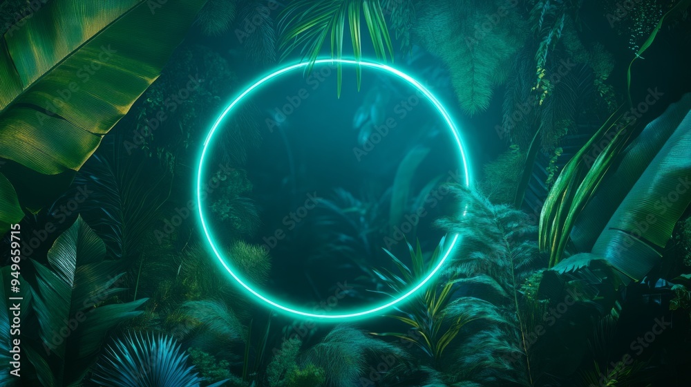 Green and Blue Neon Light with Tropical Leaves