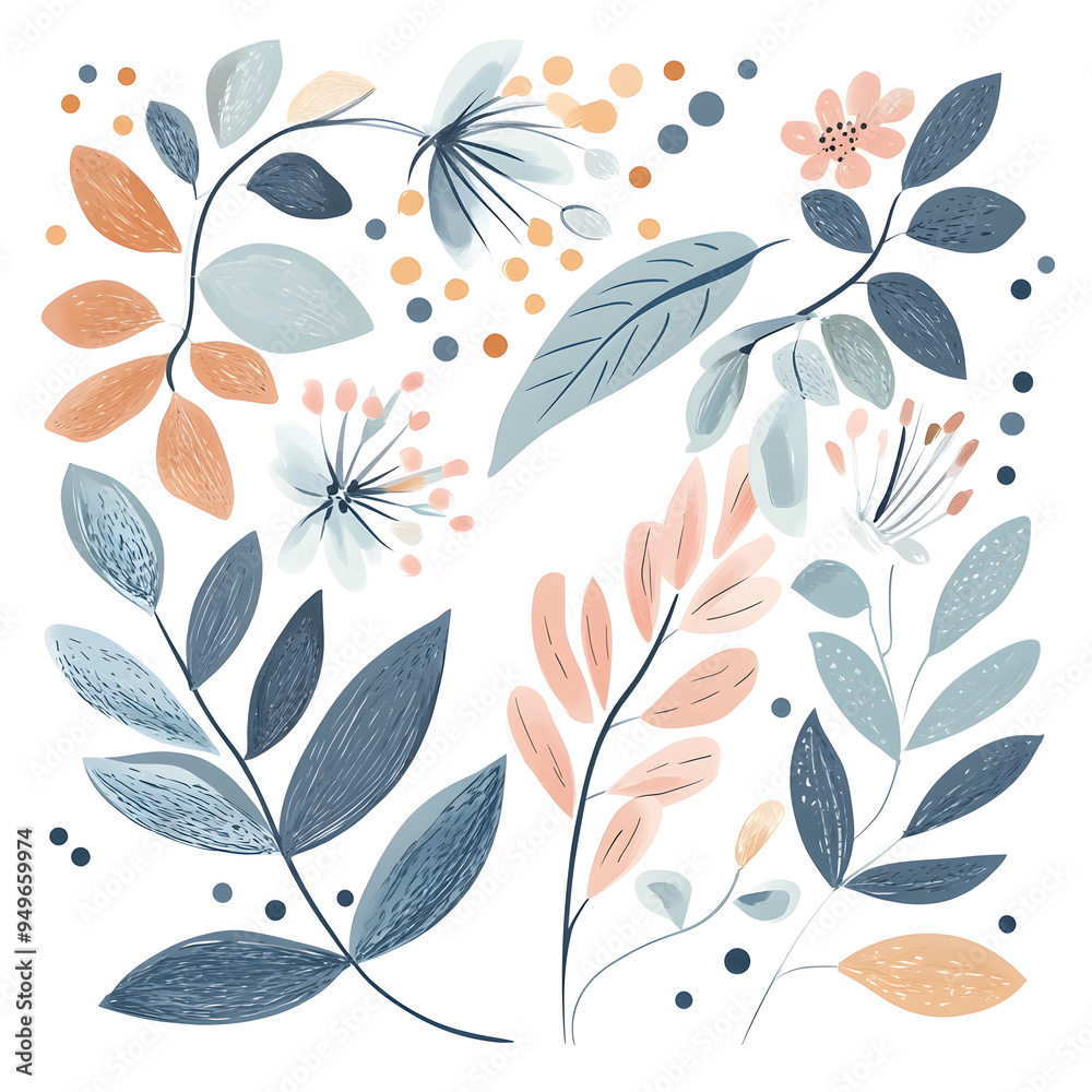Fototapeta premium floral and leaf on white background in doodle-style tile designs with graphic format.