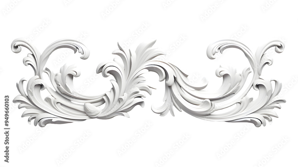3D illustration of white decorative relief beautiful detailed ornament with acanthus leaves decoration in baroque style isolated on transparent background 3D illustration of white decorative relief beautiful detailed ornament with acanthus leaves decoration in baroque style isolated on transparent background