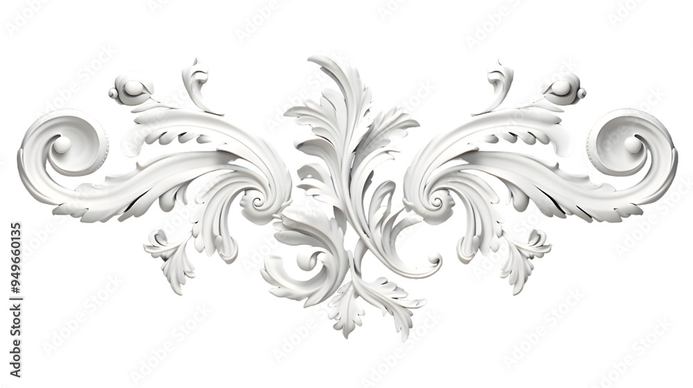 3D illustration of white decorative relief beautiful detailed ornament with acanthus leaves decoration in baroque style isolated on transparent background 3D illustration of white decorative relief beautiful detailed ornament with acanthus leaves decoration in baroque style isolated on transparent background