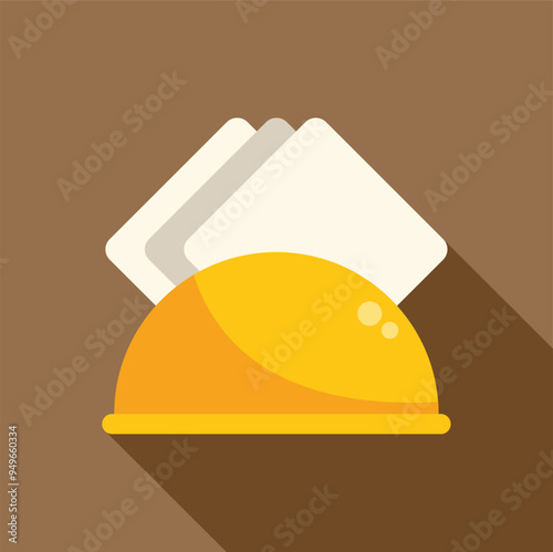 Simple vector illustration of a yellow napkin holder with white paper napkins on top, isolated on a brown background with a long shadow