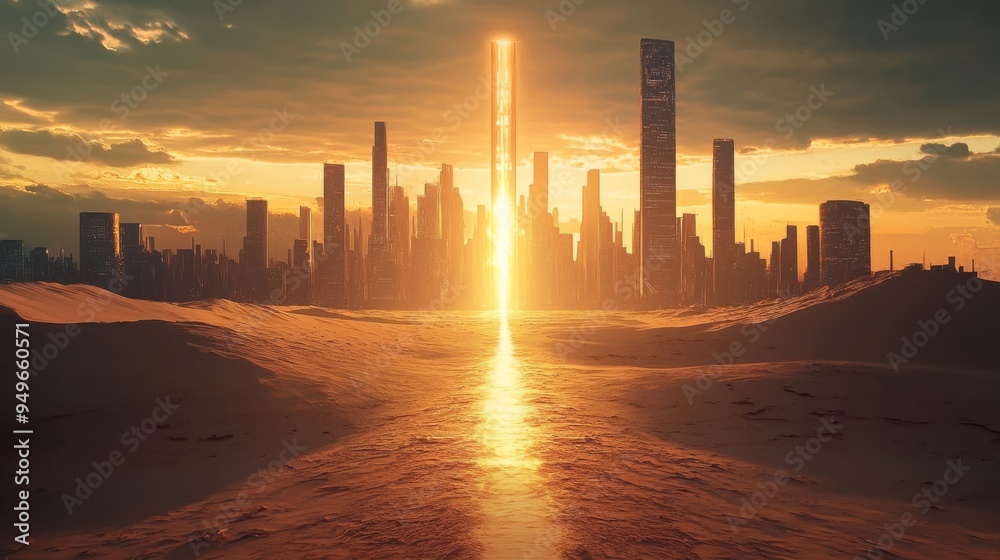 A vast desert with a single glowing path leading to a futuristic city, symbolizing the journey of visionary mindset and innovation. A vast desert with a single glowing path leading to a futuristic city, symbolizing the journey of visionary mindset and innovation.