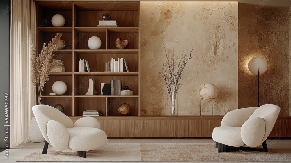 View of minimalist living room interior design, wooden bookcase with open ...