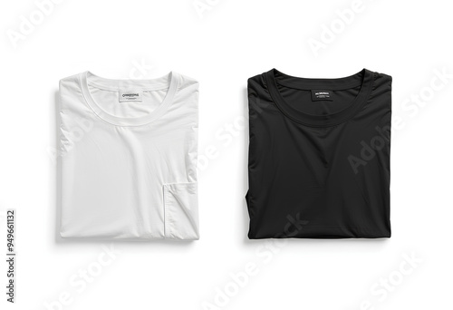  Blank black and white folded square t-shirt mockup, top view..