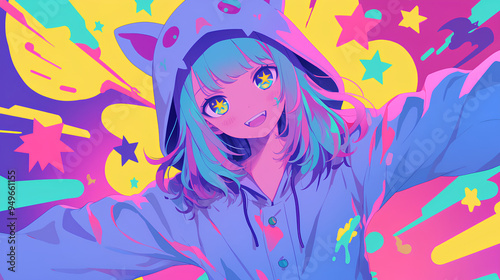 cute bat character wearing anime onesie costume, anime style, cute kawaii, simple, smiling happy. neon psychedelic background