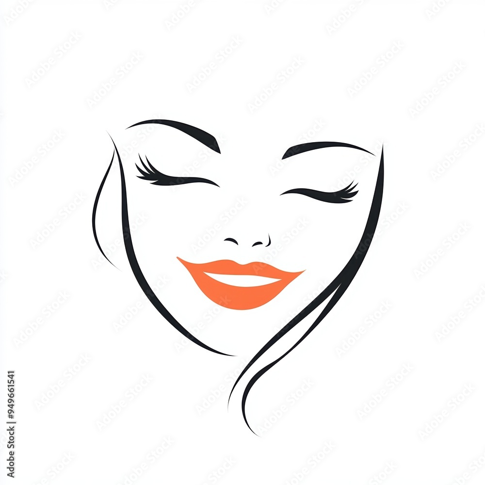 A modern and sleek logo featuring a stylized woman's smiling face, with bold lines and bright orange lips, isolated on a white background A modern and sleek logo featuring a stylized woman's smiling face, with bold lines and bright orange lips, isolated on a white background