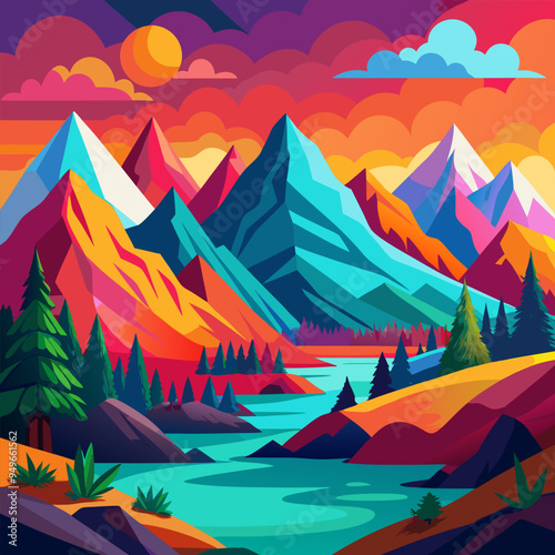 A vector painting of a colorful mountains