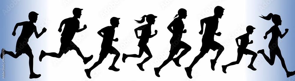 Fototapeta premium Silhouette of diverse runners showcasing different ages and genders in motion.