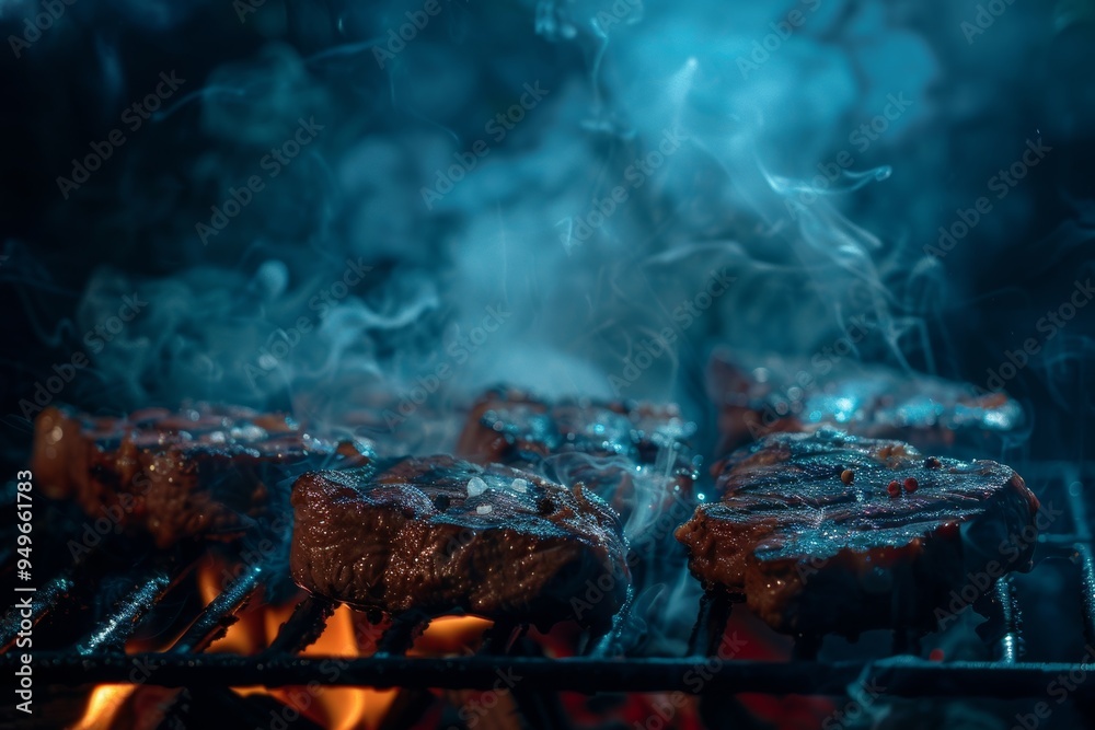 Close-up of Steaks Grilling with Smoke and Flames Close-up of Steaks Grilling with Smoke and Flames