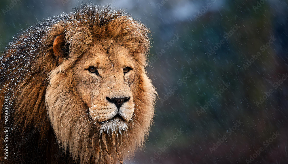 A male lion standing in the rain, droplets glistening on its mane A male lion standing in the rain, droplets glistening on its mane