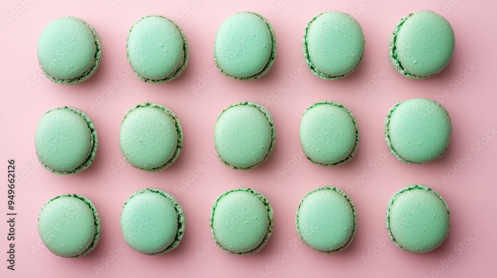 Fototapeta premium Mint macaroons in a row on pink background,french macaroons,Paris Pastry macaron green tea,Pastry shop card with copy space,french macaroons,bakery and branding concept,copy space.