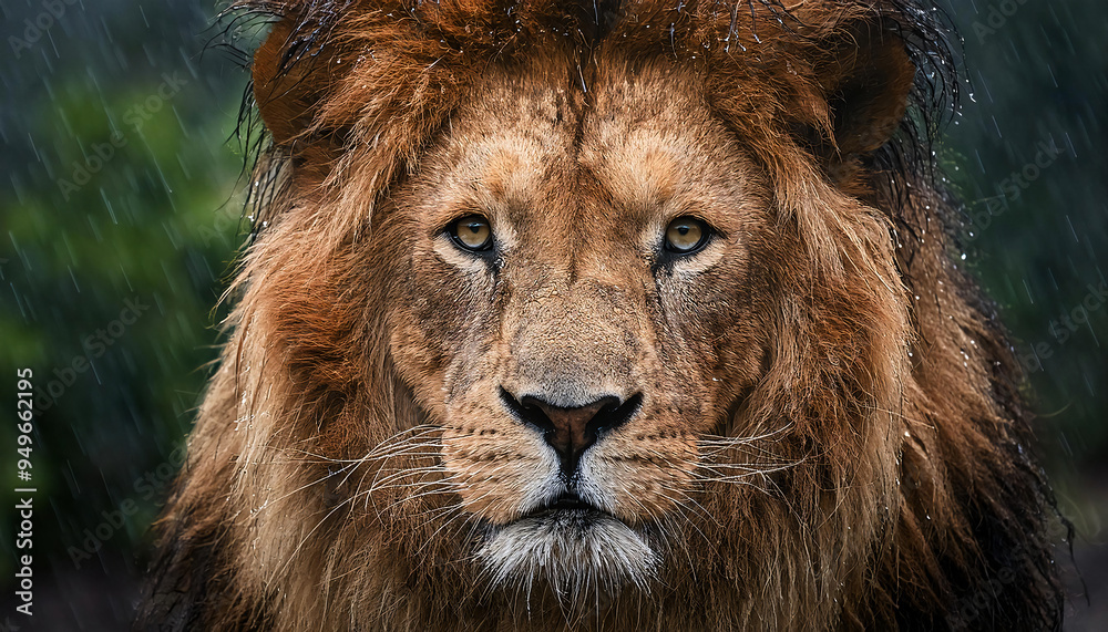 Fototapeta premium A male lion standing in the rain, droplets glistening on its mane