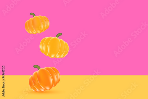 Cute 3D floating pumpkins, background with copy space. Aesthetic glowing pumpkin decoration for fall sale or promotion banner.