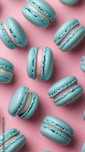 French sweet blue macaroons on color background,French macaron cookies baked pattern,french macaroons,Paris Pastry,bakery and branding concept,Delicious french desserts,copy space.