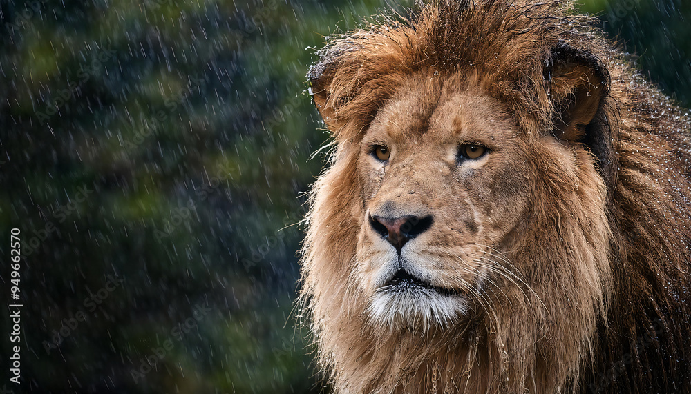 A male lion standing in the rain, droplets glistening on its mane A male lion standing in the rain, droplets glistening on its mane