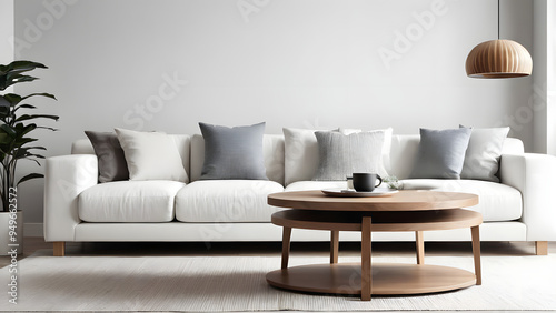 Round wood coffee table against white sofa. Scandinavian home interior design of modern living room. ai