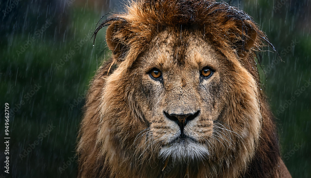 Fototapeta premium A male lion standing in the rain, droplets glistening on its mane