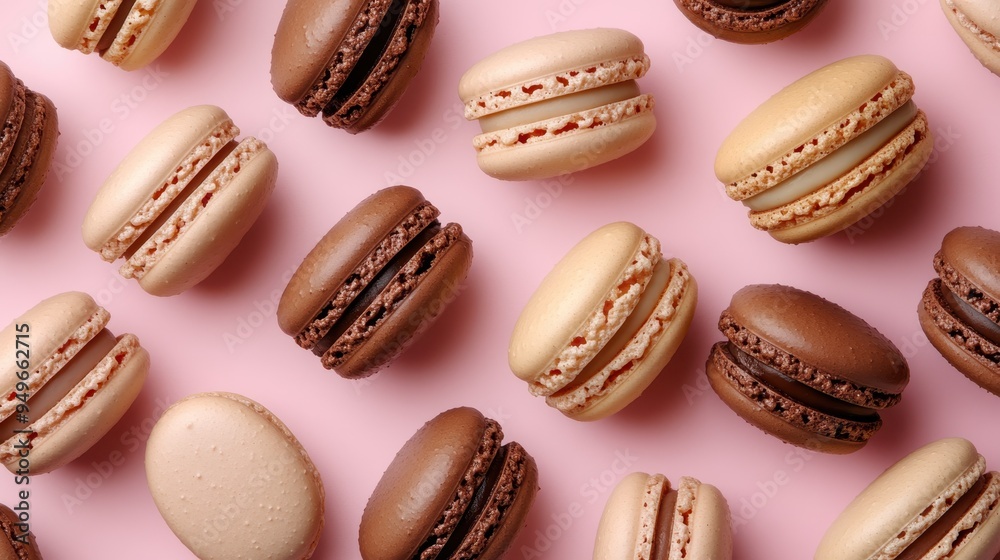 Chocolate and vanilla macaroons on pink background,French macaron cookies baked pattern,french macaroons,Paris Pastry,bakery and branding concept,Delicious french desserts,copy space. Chocolate and vanilla macaroons on pink background,French macaron cookies baked pattern,french macaroons,Paris Pastry,bakery and branding concept,Delicious french desserts,copy space.