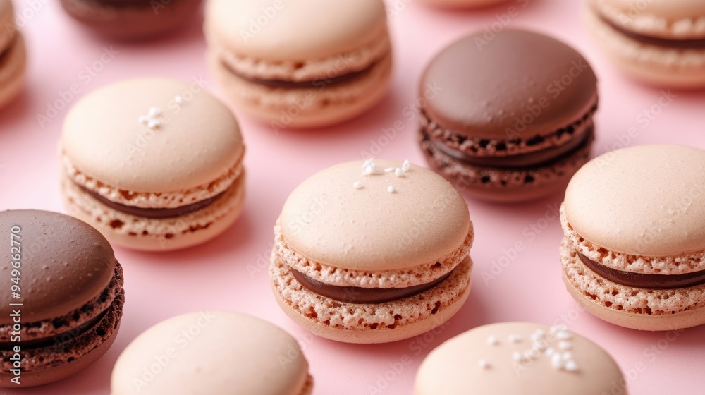 Chocolate and vanilla macaroons on pink background,French macaron cookies baked pattern,french macaroons,Paris Pastry,bakery and branding concept,Delicious french desserts,copy space. Chocolate and vanilla macaroons on pink background,French macaron cookies baked pattern,french macaroons,Paris Pastry,bakery and branding concept,Delicious french desserts,copy space.