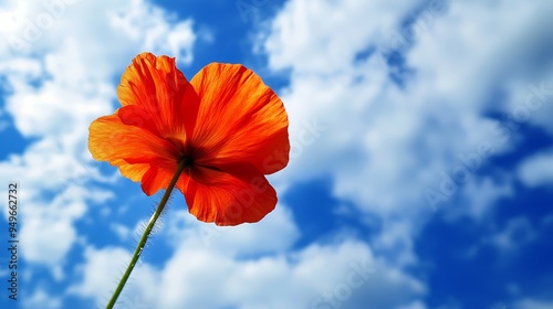 A single orange poppy flower with delicate petals blooms against a backdrop of a clear blue sky dotted with fluffy white clouds. The flower is positioned facing upwards, creating a sense of hope, opti photo