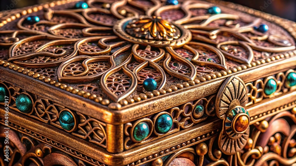 5. Delicate copper filigree adorning an intricately crafted antique jewelry box, with ornate patterns and tiny gemstones, a realistic photo image. 5. Delicate copper filigree adorning an intricately crafted antique jewelry box, with ornate patterns and tiny gemstones, a realistic photo image.