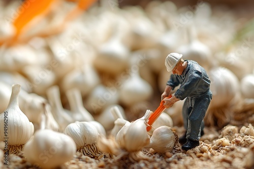 miniature people worker digging into the garlic photo