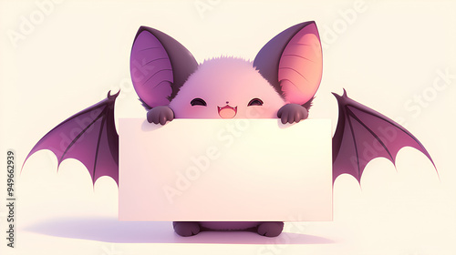 cute bat holding up a blank sign, colorful cartoon character, empty banner,, anime style, cute kawaii, simple, smiling happy. isolated background photo