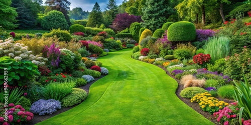 9. A lush, emerald green lawn with a meandering garden path, lined with vibrant flowers and shrubs, a realistic photo image.